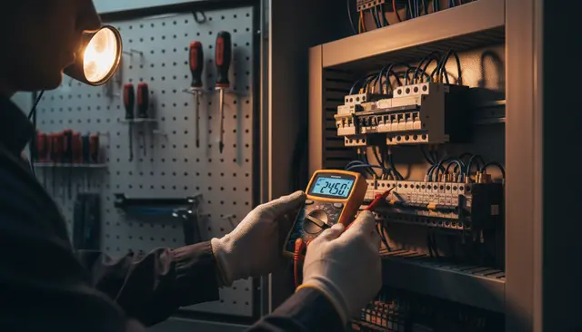 Artisan électricien intervenant sur un tableau électrique à La Réunion